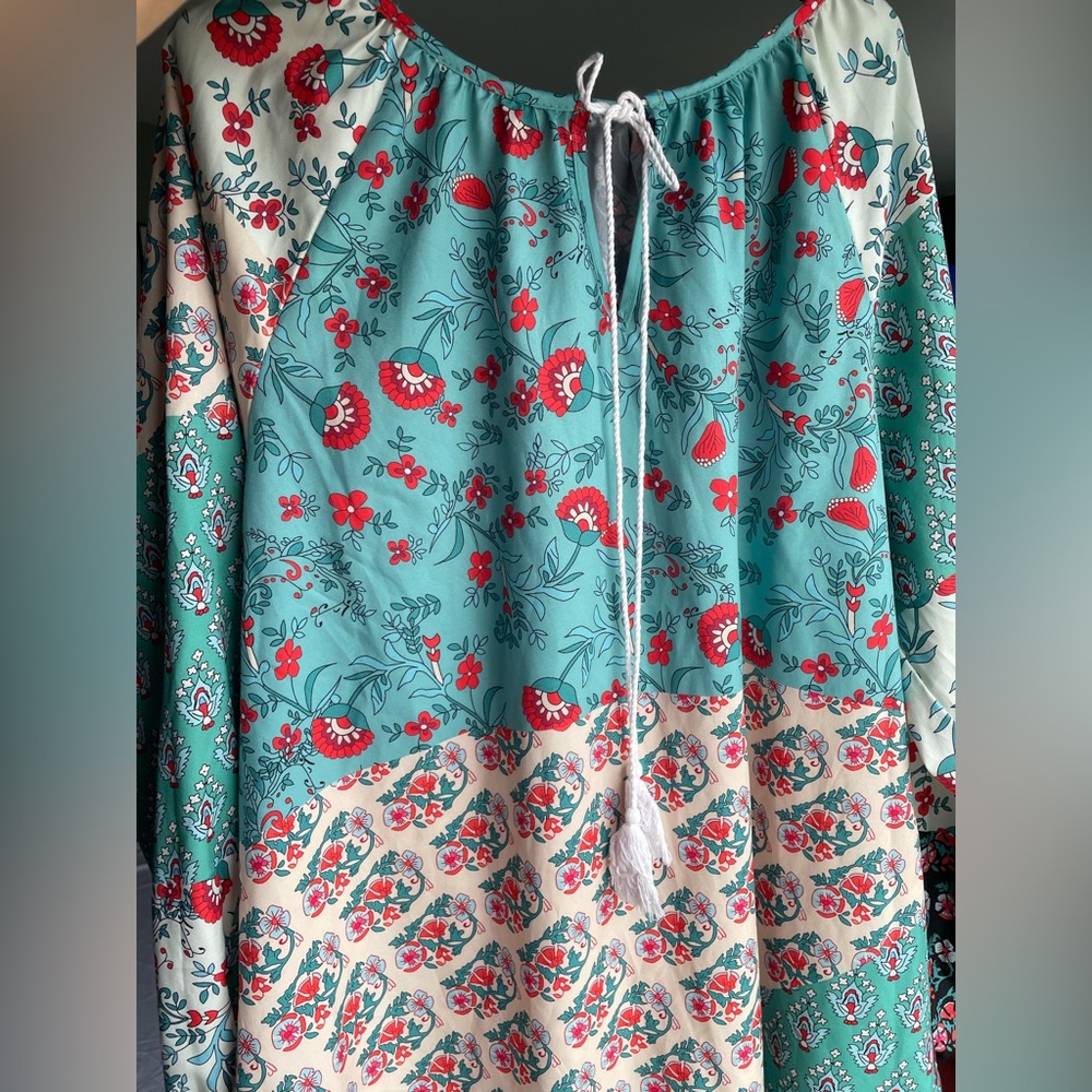 Patchwork Boho Peasant Blouse Top 2XL Floral Spring Balloon Sleeve Casual Tassel - Picture 16 of 16